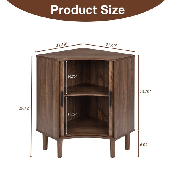 English Elm Fluted Corner Cabinet Walnut Finish Sliding Door Narrow Storage for Living Dining Bath W3204P524602
