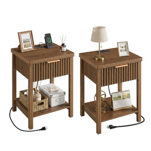 English Elm Fluted Walnut Nightstand Pair with Charging Station Drawer and Open Shelf for Bedroom W3204P538451
