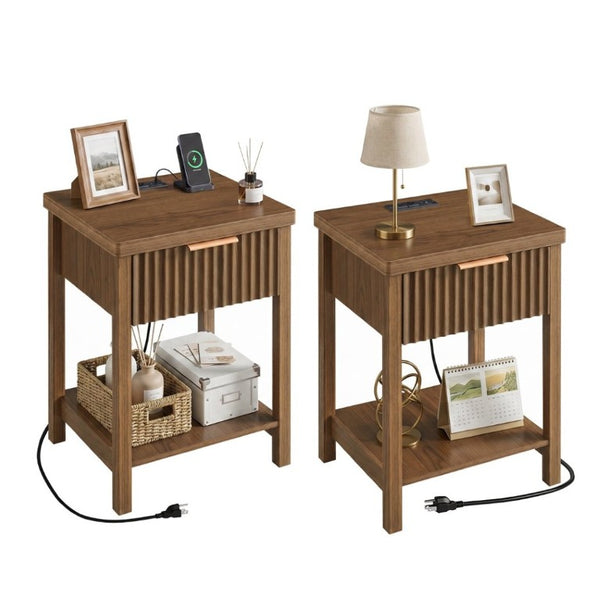 English Elm Fluted Walnut Nightstand Pair with Charging Station Drawer and Open Shelf for Bedroom W3204P538451