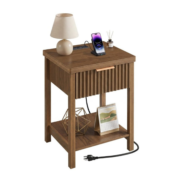 English Elm Fluted Walnut Nightstand Pair with Charging Station Drawer and Open Shelf for Bedroom W3204P538451