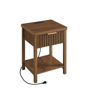English Elm Fluted Walnut Nightstand Pair with Charging Station Drawer and Open Shelf for Bedroom W3204P538451