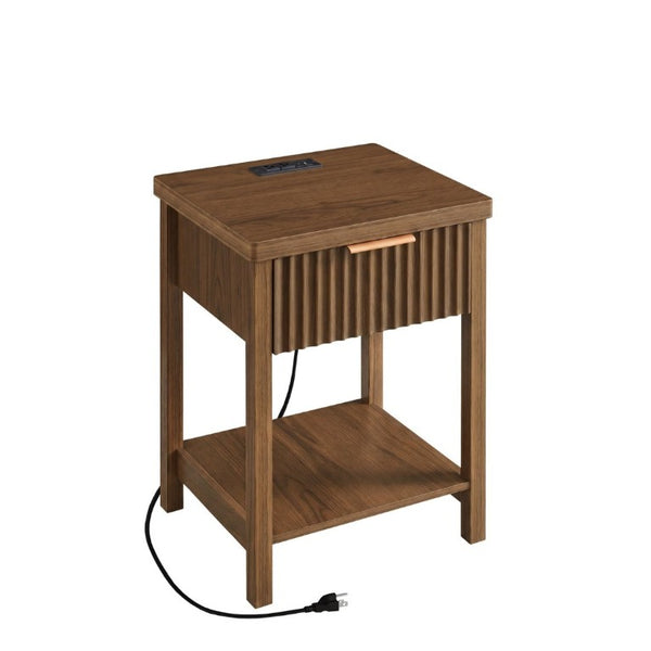 English Elm Fluted Walnut Nightstand Pair with Charging Station Drawer and Open Shelf for Bedroom W3204P538451