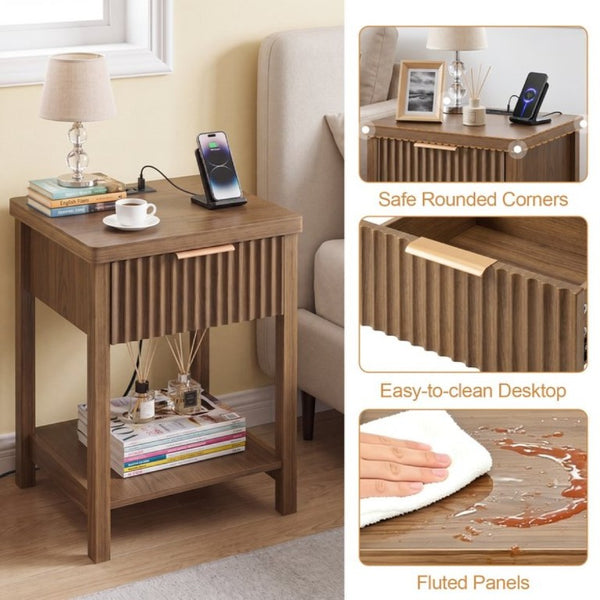 English Elm Fluted Walnut Nightstand Pair with Charging Station Drawer and Open Shelf for Bedroom W3204P538451