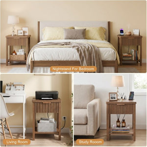 English Elm Fluted Walnut Nightstand Pair with Charging Station Drawer and Open Shelf for Bedroom W3204P538451
