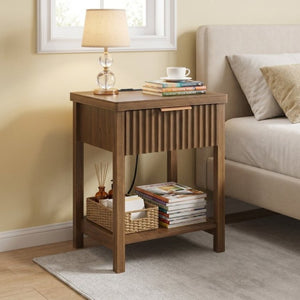 English Elm Fluted Walnut Nightstand Pair with Charging Station Drawer and Open Shelf for Bedroom W3204P538451