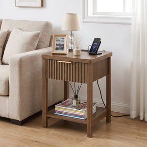 English Elm Fluted Walnut Nightstand Pair with Charging Station Drawer and Open Shelf for Bedroom W3204P538451