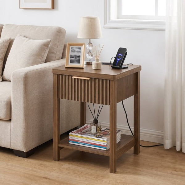 English Elm Fluted Walnut Nightstand Pair with Charging Station Drawer and Open Shelf for Bedroom W3204P538451