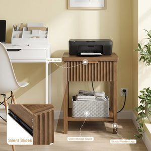 English Elm Fluted Walnut Nightstand Pair with Charging Station Drawer and Open Shelf for Bedroom W3204P538451