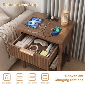 English Elm Fluted Walnut Nightstand Pair with Charging Station Drawer and Open Shelf for Bedroom W3204P538451