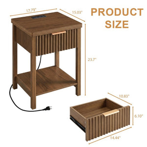 English Elm Fluted Walnut Nightstand Pair with Charging Station Drawer and Open Shelf for Bedroom W3204P538451