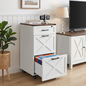 English Elm Rustic Farmhouse Rolling File Cabinet with Lock Three Drawer Mobile Home Office Storage W3204P538452