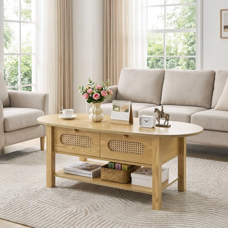 English Elm Rattan Oval Coffee Table with Two Drawers Bohemian Woven Storage for Living Room W3204P538455