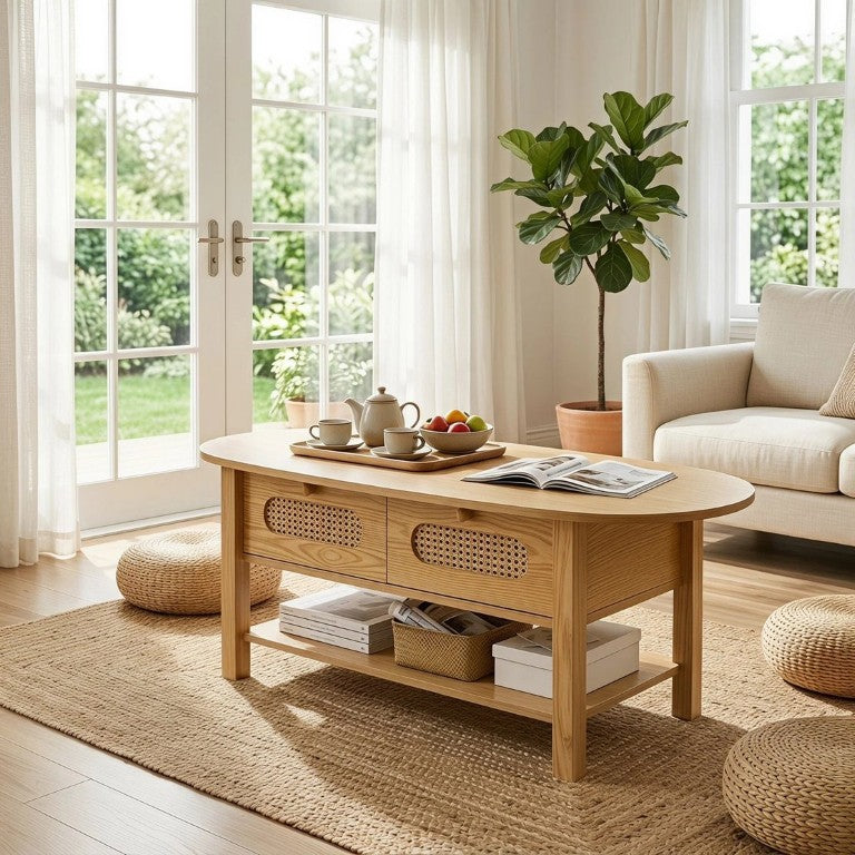 English Elm Rattan Oval Coffee Table with Two Drawers Bohemian Woven Storage for Living Room W3204P538455