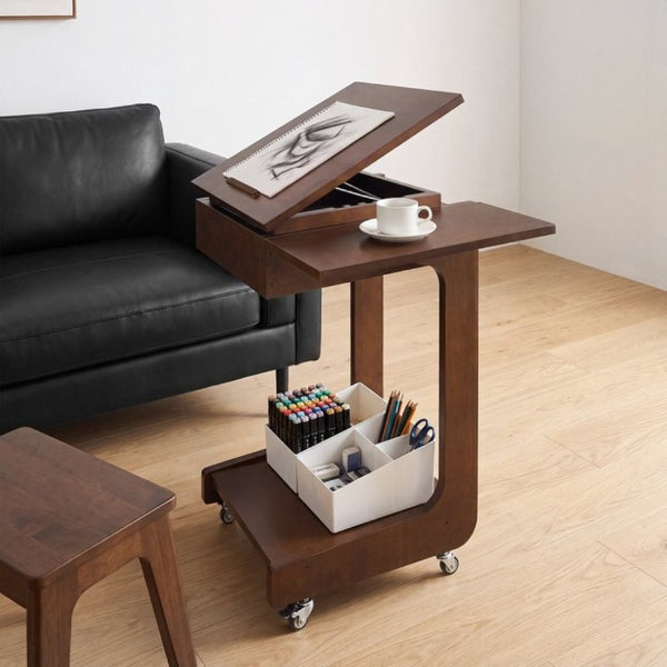 English Elm Solid Wood Rolling C Table with Foldable Adjustable Desktop for Sofa Laptop or Bedside Use W3204P538457