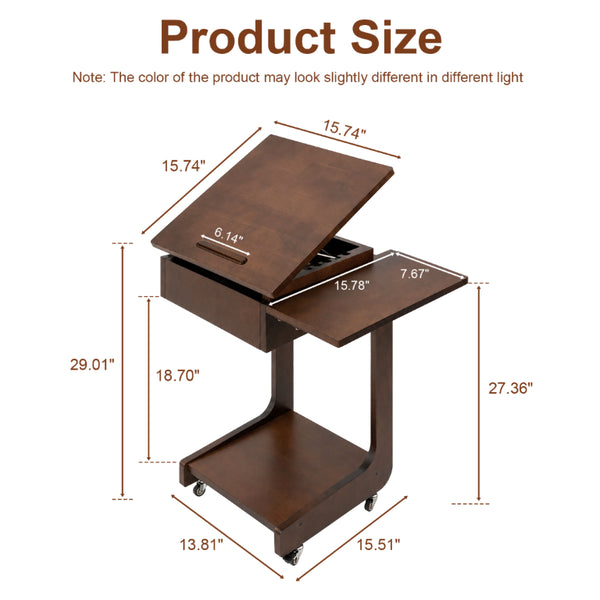 English Elm Solid Wood Rolling C Table with Foldable Adjustable Desktop for Sofa Laptop or Bedside Use W3204P538457