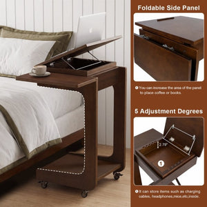 English Elm Solid Wood Rolling C Table with Foldable Adjustable Desktop for Sofa Laptop or Bedside Use W3204P538457