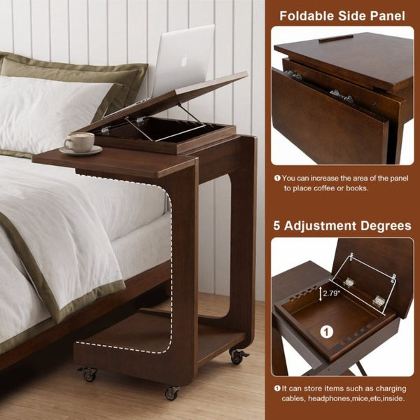 English Elm Solid Wood Rolling C Table with Foldable Adjustable Desktop for Sofa Laptop or Bedside Use W3204P538457