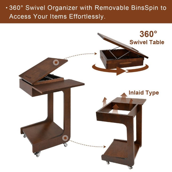 English Elm Solid Wood Rolling C Table with Foldable Adjustable Desktop for Sofa Laptop or Bedside Use W3204P538457