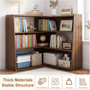 English Elm Wooden Convertible Ladder Bookcase Walnut MDF Three Tier Corner or Wall Display Shelf W3204P538619