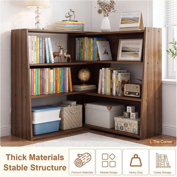 English Elm Wooden Convertible Ladder Bookcase Walnut MDF Three Tier Corner or Wall Display Shelf W3204P538619