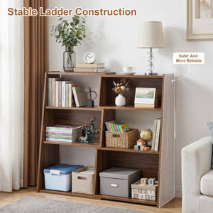 English Elm Wooden Convertible Ladder Bookcase Walnut MDF Three Tier Corner or Wall Display Shelf W3204P538619