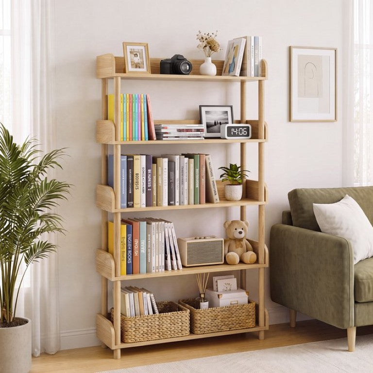 English Elm 5-Tier Freestanding Bookcase with Solid Wood Legs and Open MDF Shelving for Any Room W3204P542856
