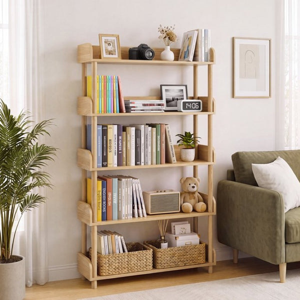 English Elm 5-Tier Freestanding Bookcase with Solid Wood Legs and Open MDF Shelving for Any Room W3204P542856