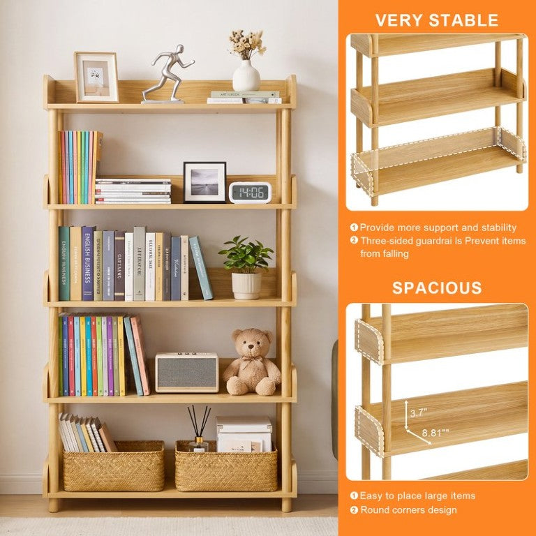 English Elm 5-Tier Freestanding Bookcase with Solid Wood Legs and Open MDF Shelving for Any Room W3204P542856