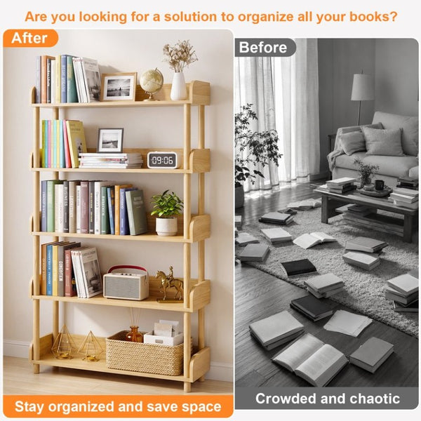 English Elm 5-Tier Freestanding Bookcase with Solid Wood Legs and Open MDF Shelving for Any Room W3204P542856