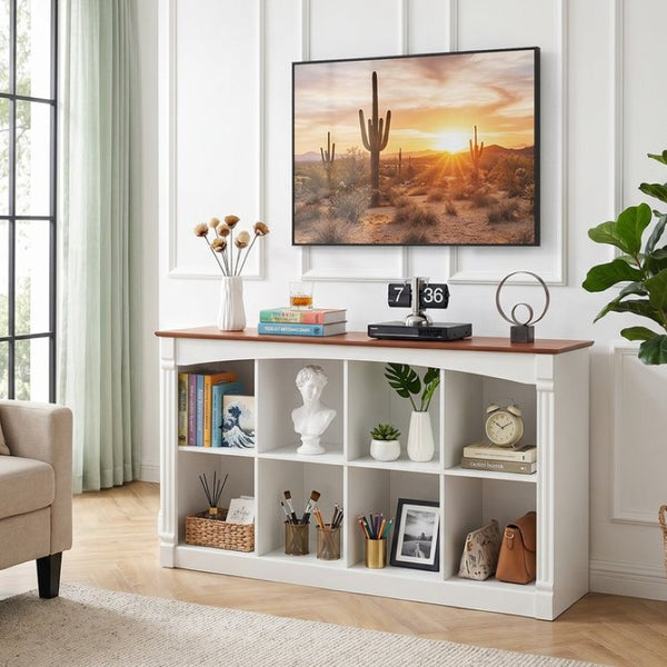 English Elm 8-Cube Farmhouse Bookcase Two-Tone Open Shelving Unit with Decorative Moldings for Living Rooms W3204P543169
