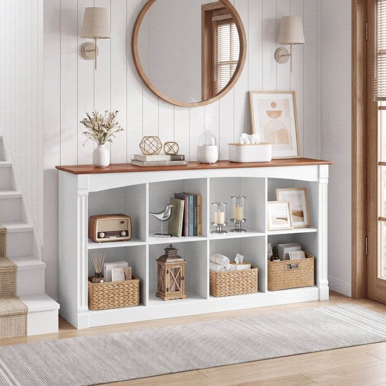English Elm 8-Cube Farmhouse Bookcase Two-Tone Open Shelving Unit with Decorative Moldings for Living Rooms W3204P543169