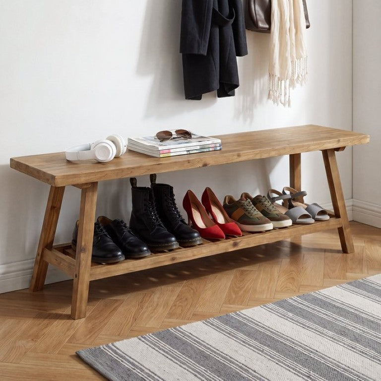 English Elm 55 Inch Solid Cedar Farmhouse Bench with Two Tier Open Shelf for Entryway or Hallway W3204P548626