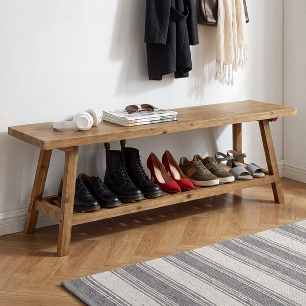 English Elm 55 Inch Solid Cedar Farmhouse Bench with Two Tier Open Shelf for Entryway or Hallway W3204P548626