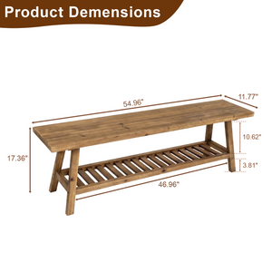 English Elm 55 Inch Solid Cedar Farmhouse Bench with Two Tier Open Shelf for Entryway or Hallway W3204P548626