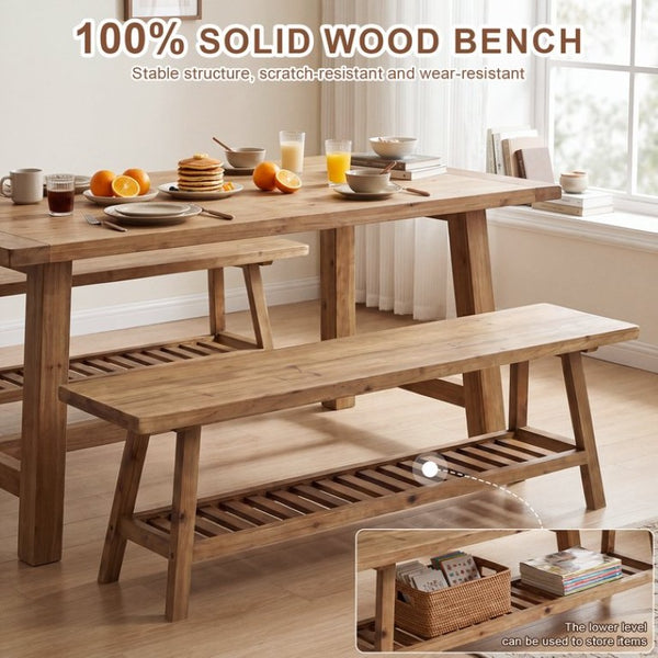 English Elm 55 Inch Solid Cedar Farmhouse Bench with Two Tier Open Shelf for Entryway or Hallway W3204P548626