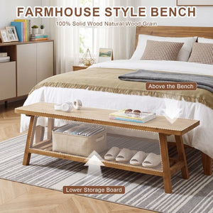 English Elm 55 Inch Solid Cedar Farmhouse Bench with Two Tier Open Shelf for Entryway or Hallway W3204P548626