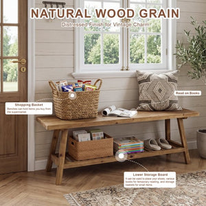English Elm 55 Inch Solid Cedar Farmhouse Bench with Two Tier Open Shelf for Entryway or Hallway W3204P548626