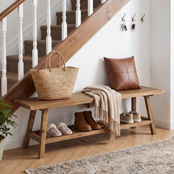 English Elm 55 Inch Solid Cedar Farmhouse Bench with Two Tier Open Shelf for Entryway or Hallway W3204P548626