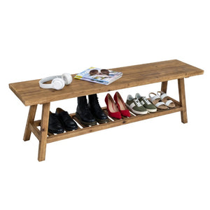 English Elm 55 Inch Solid Cedar Farmhouse Bench with Two Tier Open Shelf for Entryway or Hallway W3204P548626