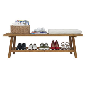 English Elm 55 Inch Solid Cedar Farmhouse Bench with Two Tier Open Shelf for Entryway or Hallway W3204P548626