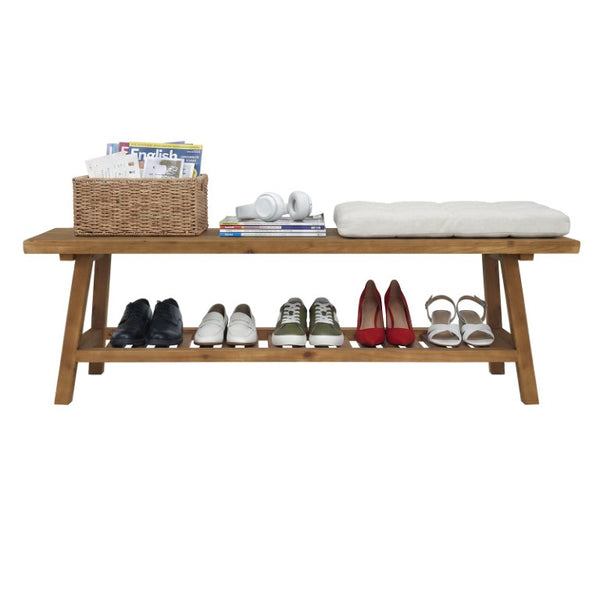English Elm 55 Inch Solid Cedar Farmhouse Bench with Two Tier Open Shelf for Entryway or Hallway W3204P548626