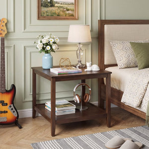 English Elm Solid Wood Two Tier Square End Table with Open Shelf Walnut Finish for Living Room W3204P558397