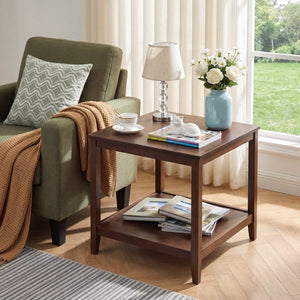English Elm Solid Wood Two Tier Square End Table with Open Shelf Walnut Finish for Living Room W3204P558397