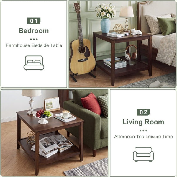 English Elm Solid Wood Two Tier Square End Table with Open Shelf Walnut Finish for Living Room W3204P558397