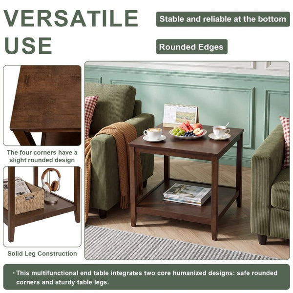 English Elm Solid Wood Two Tier Square End Table with Open Shelf Walnut Finish for Living Room W3204P558397