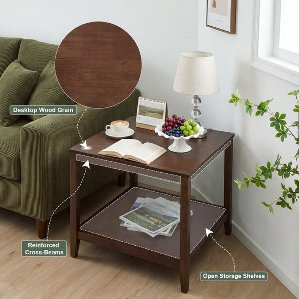 English Elm Solid Wood Two Tier Square End Table with Open Shelf Walnut Finish for Living Room W3204P558397