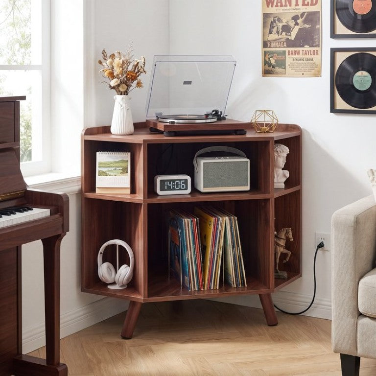 English Elm 3 Tier Mid Century Corner Turntable Stand Walnut MDF Hairpin Legs Vinyl Storage Hub W3204P558398