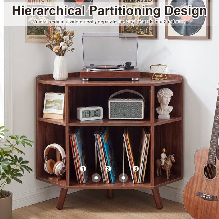 English Elm 3 Tier Mid Century Corner Turntable Stand Walnut MDF Hairpin Legs Vinyl Storage Hub W3204P558398