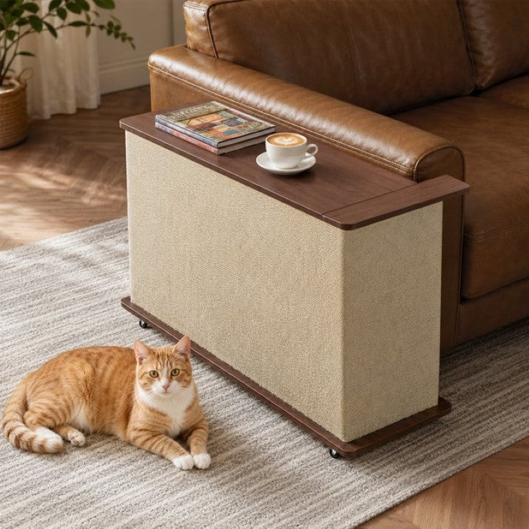 English Elm 2-In-1 Cat Scratcher End Table with Sisal Pad Hidden Storage and Locking Casters W3204P558496