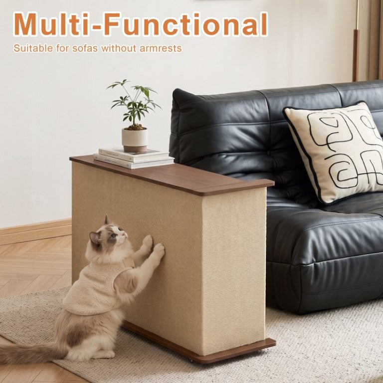 English Elm 2-In-1 Cat Scratcher End Table with Sisal Pad Hidden Storage and Locking Casters W3204P558496